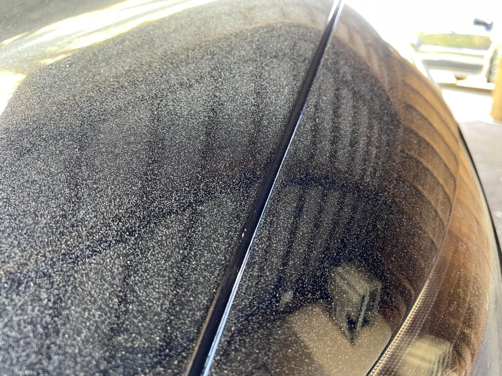 車の表面を覆う松の木の花粉